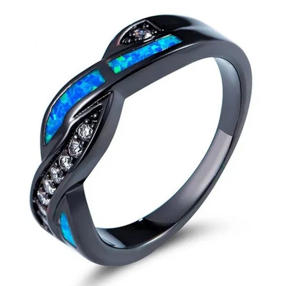 Blue Ethiopian Fire Opal eternity band wedding ring set with CZ set in Rhodium - Picture 3 of 5